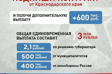 3 миллиона рублей получат заключившие контракт от Краснодарского края с 25 августа до 30 сентября 2025 года